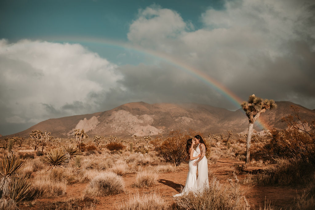 Elopement shoot with rainbow in the background.