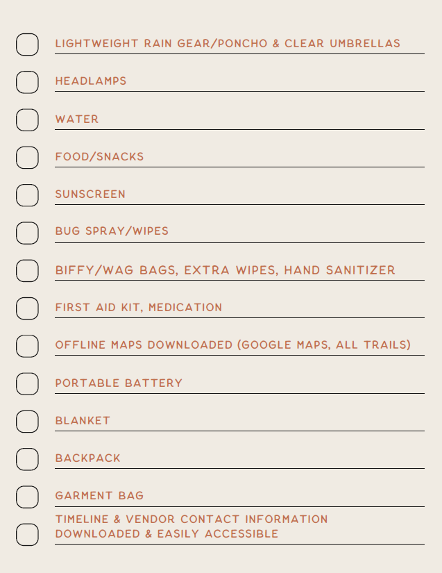 Eloping packing list