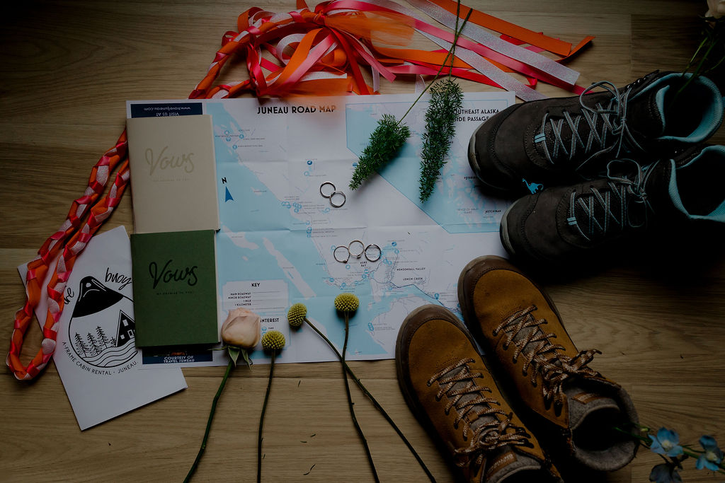 Elopement map and hiking boots